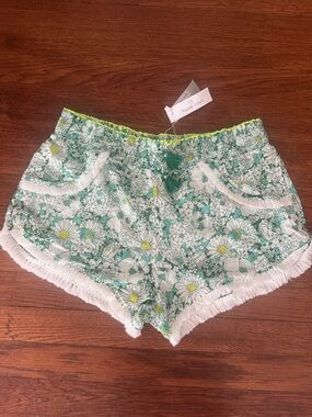 Poupette St. Barth Green and White Floral Tassel Shorts